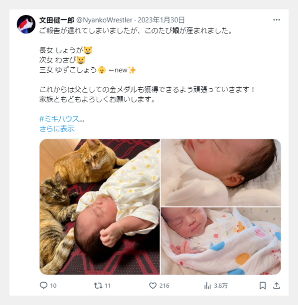 文田健一郎の嫁と子供